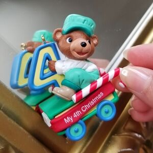 ❗Hallmark 2001 Keepsake "Child's Fourth Christmas" Bear Train Conductor Ornament